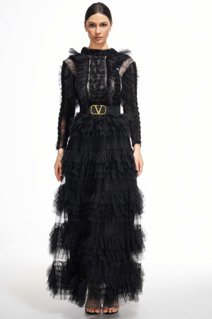 Midnight Allure Lace Sleeve Ruffled Dress