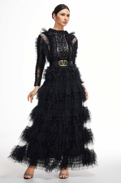 Midnight Allure Lace Sleeve Ruffled Dress