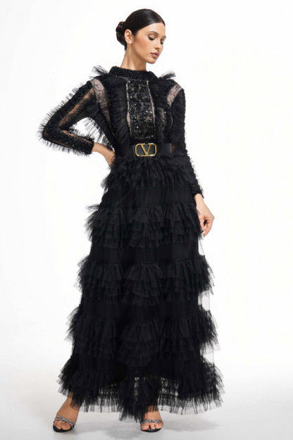 Midnight Allure Lace Sleeve Ruffled Dress