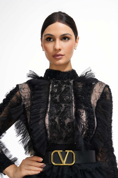 Midnight Allure Lace Sleeve Ruffled Dress