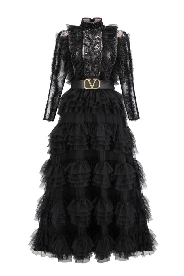 Midnight Allure Lace Sleeve Ruffled Dress