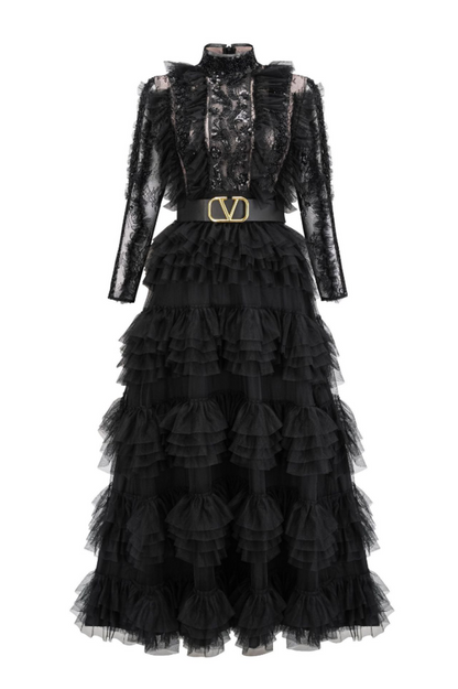 Midnight Allure Lace Sleeve Ruffled Dress