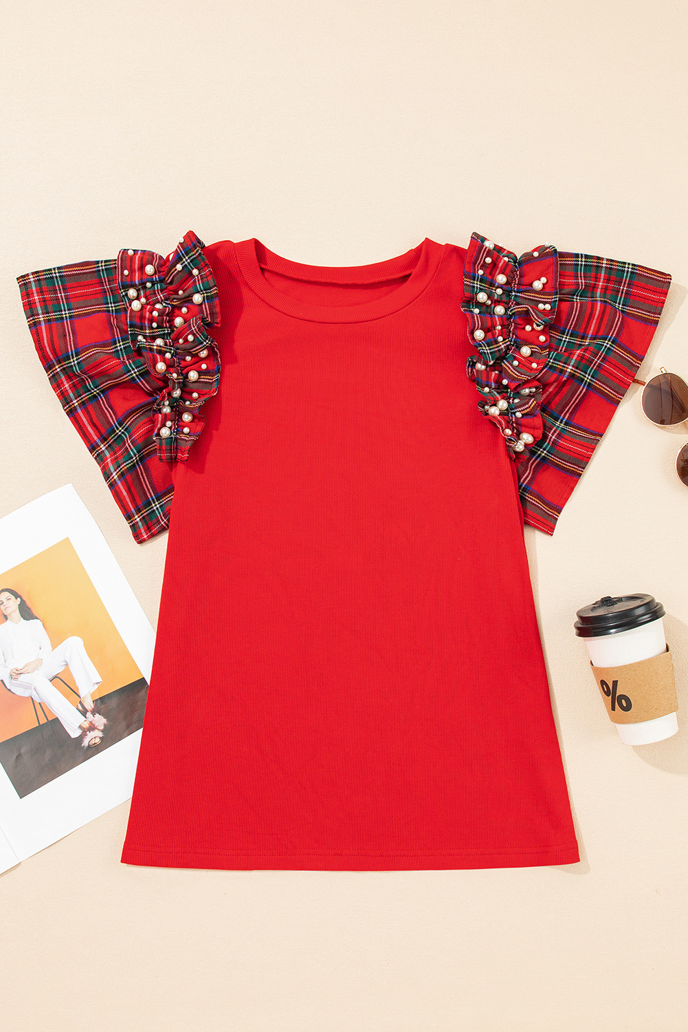 Plaid Pearl Ruffle Loose T Shirt