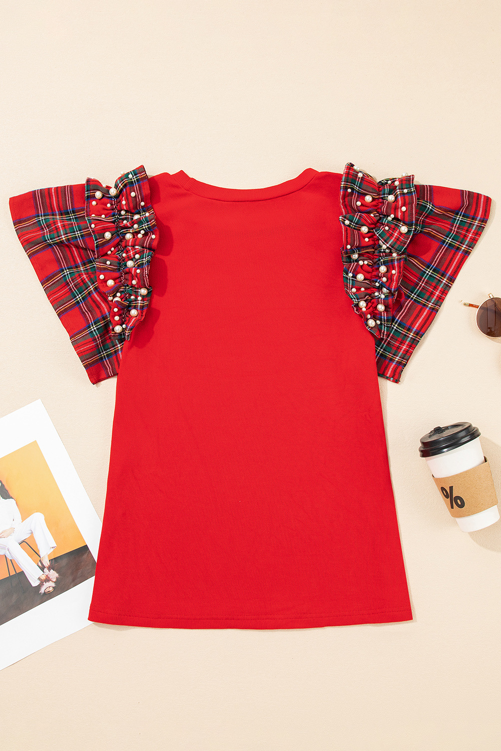 Plaid Pearl Ruffle Loose T Shirt