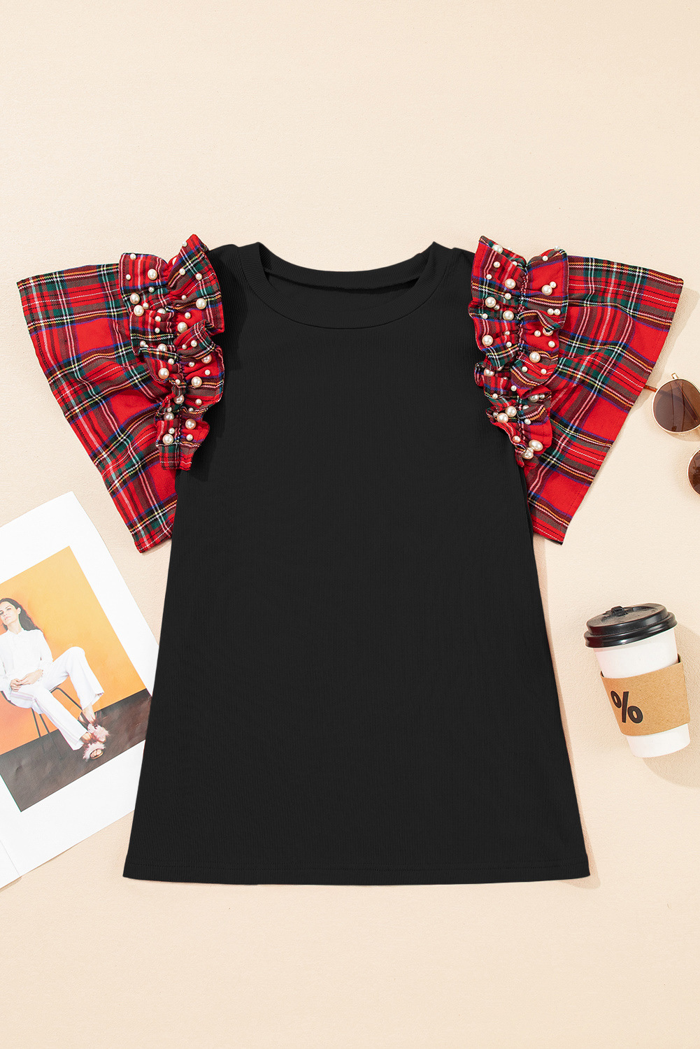 Plaid Pearl Ruffle Loose T Shirt
