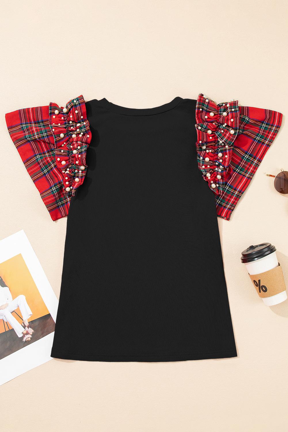Plaid Pearl Ruffle Loose T Shirt