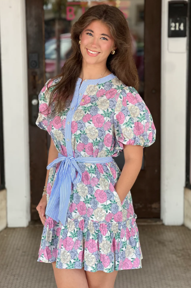 Floral Print Puff Sleeve Belted Mini Dress