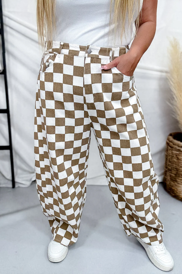 Mocha & White Checkered Barrel Leg Pants
