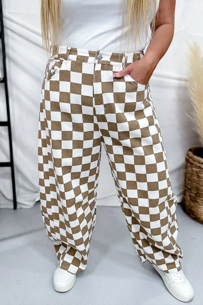 Mocha & White Checkered Barrel Leg Pants