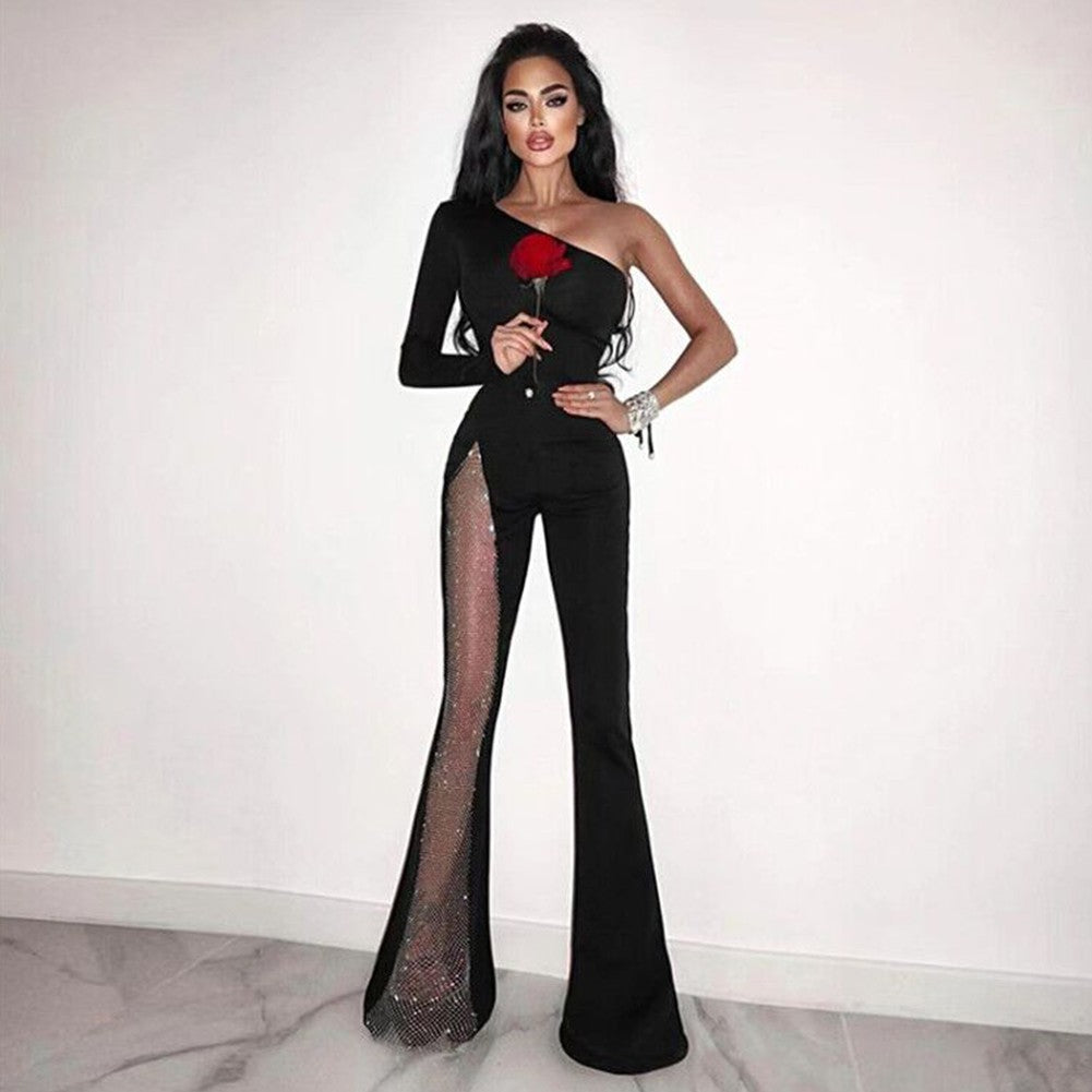 RACHELLE One Shoulder Long Sleeve Asymmetrical Bandage Jumpsuit