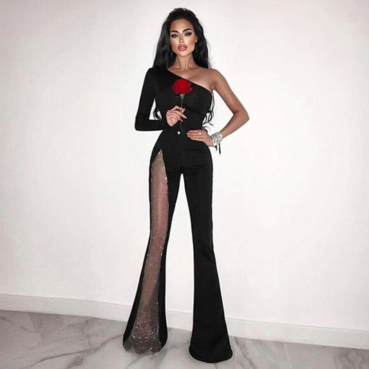 RACHELLE One Shoulder Long Sleeve Asymmetrical Bandage Jumpsuit