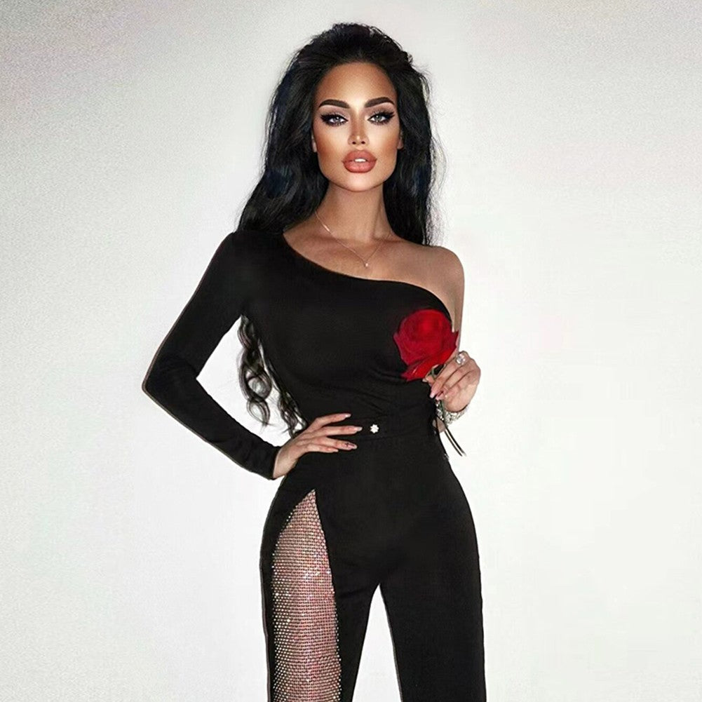 RACHELLE One Shoulder Long Sleeve Asymmetrical Bandage Jumpsuit
