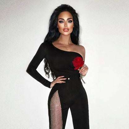 RACHELLE One Shoulder Long Sleeve Asymmetrical Bandage Jumpsuit