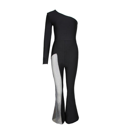 RACHELLE One Shoulder Long Sleeve Asymmetrical Bandage Jumpsuit