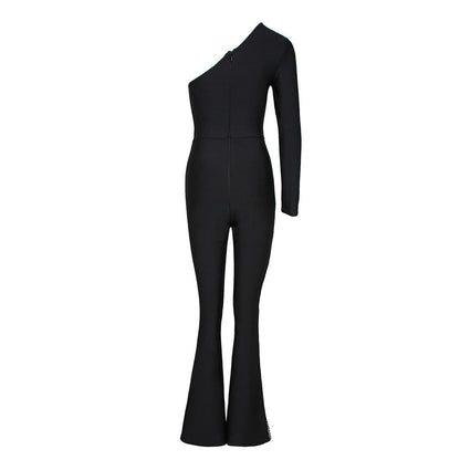 RACHELLE One Shoulder Long Sleeve Asymmetrical Bandage Jumpsuit
