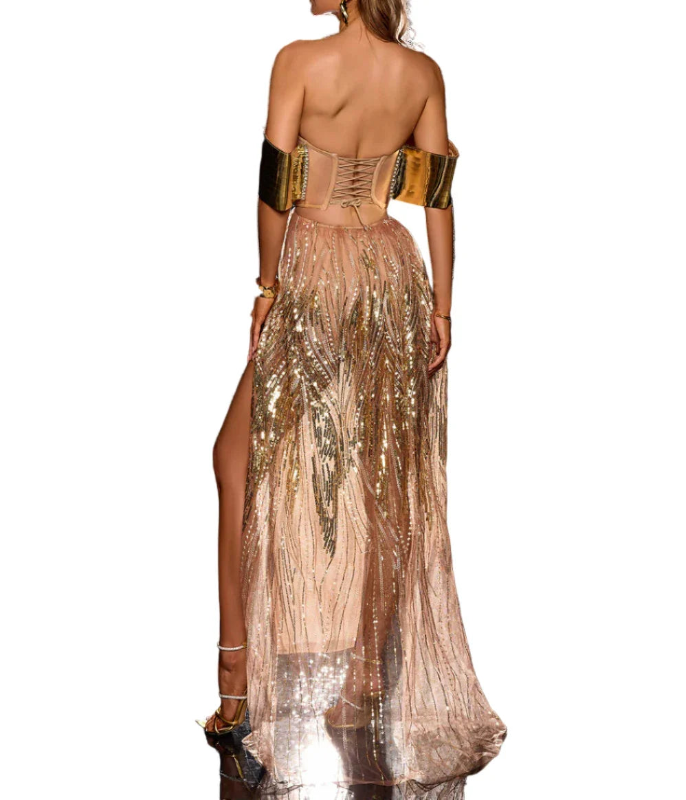 REGINA Metallic Sequin High-Slit Prom Dress