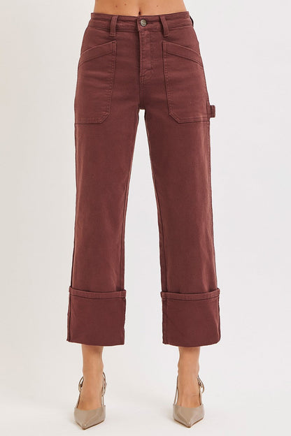 High Rise Wide Straight Cuffed Patch Jeans