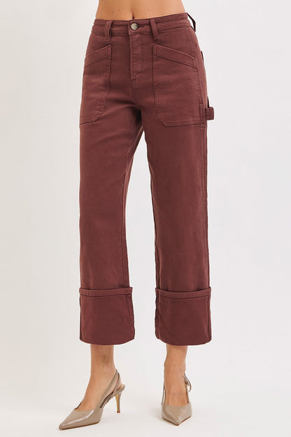 High Rise Wide Straight Cuffed Patch Jeans
