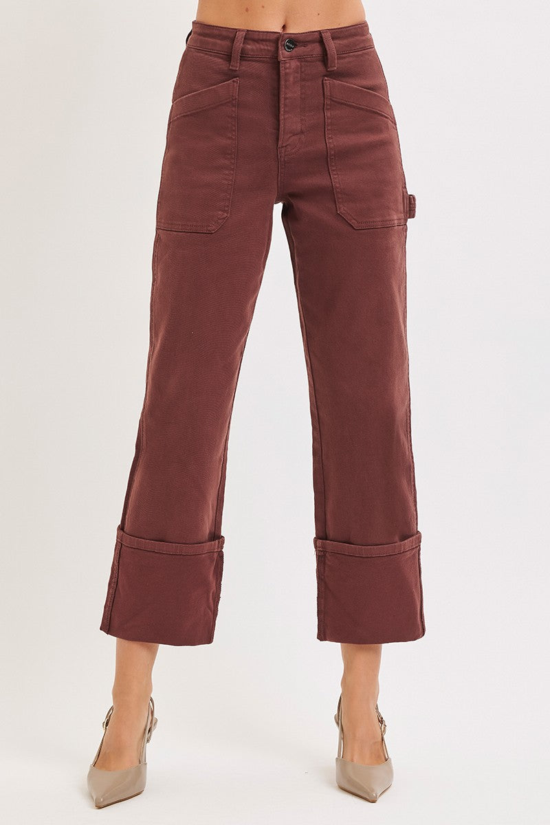 High Rise Wide Straight Cuffed Patch Jeans