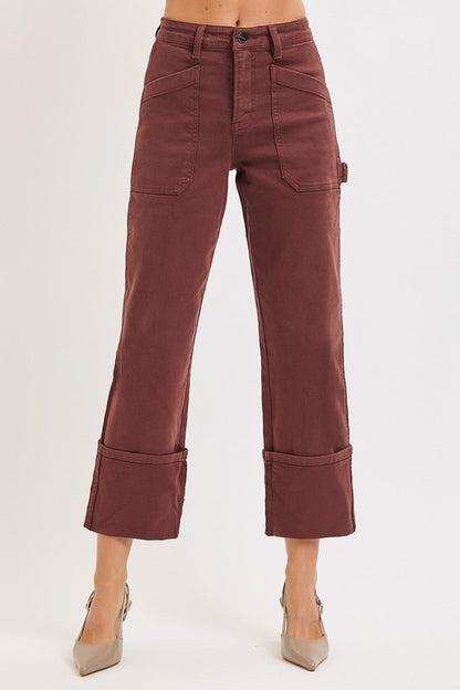 High Rise Wide Straight Cuffed Patch Jeans