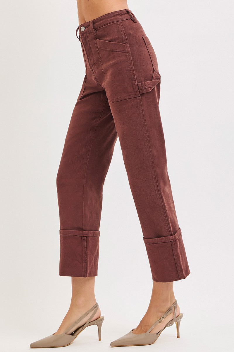 High Rise Wide Straight Cuffed Patch Jeans