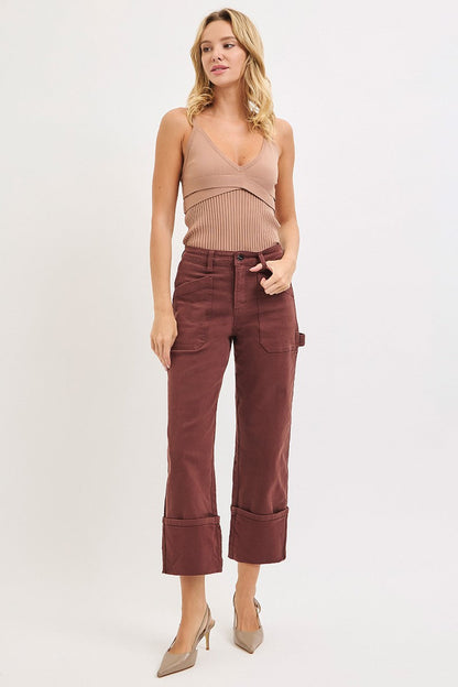 High Rise Wide Straight Cuffed Patch Jeans