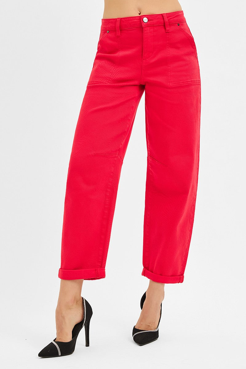 Scarlett Red High Rise Ankle Cuffed Barrel Pants