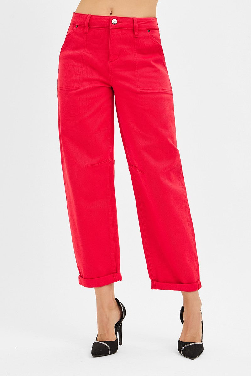 Scarlett Red High Rise Ankle Cuffed Barrel Pants