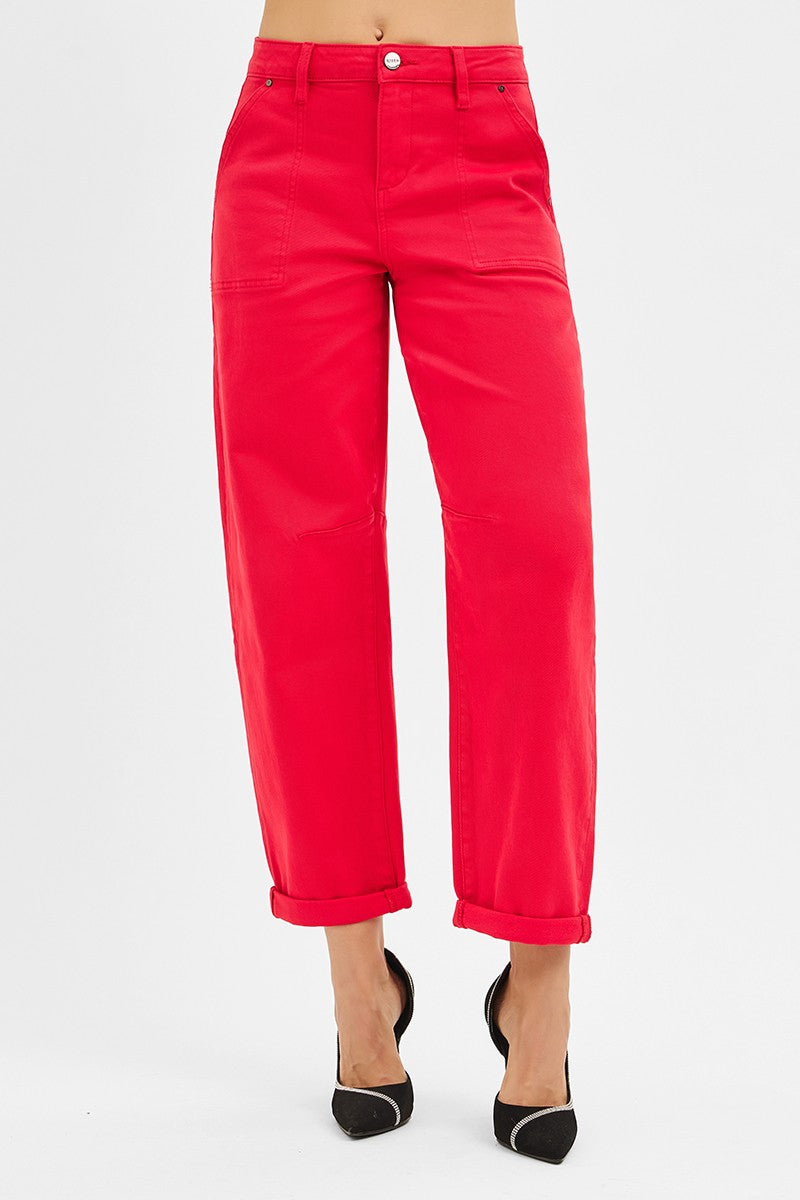 Scarlett Red High Rise Ankle Cuffed Barrel Pants