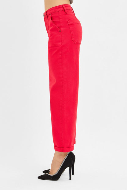 Scarlett Red High Rise Ankle Cuffed Barrel Pants
