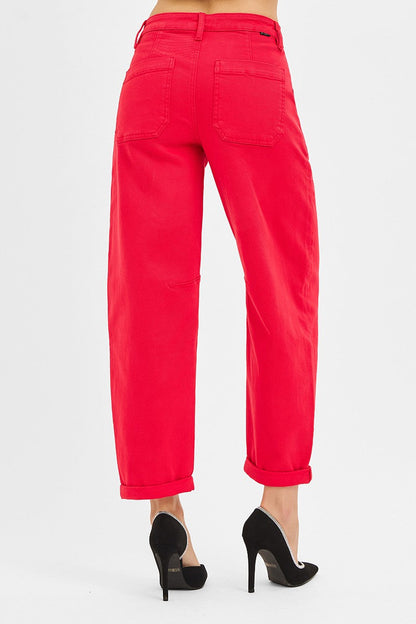 Scarlett Red High Rise Ankle Cuffed Barrel Pants
