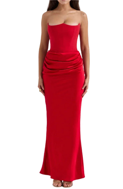 KUBRA Strapless Satin Maxi Dress RED
