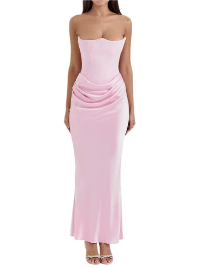 KUBRA Strapless Satin Maxi Dress PINK