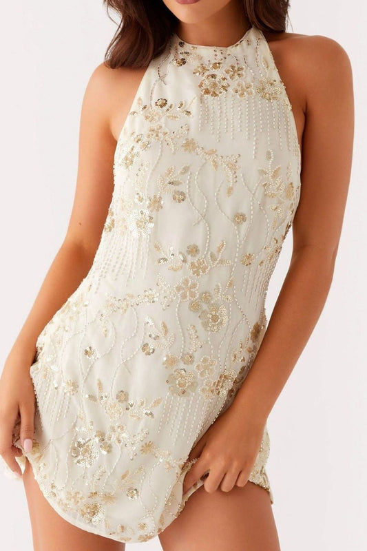 Backless Embroidered Halter Neck Mini Dress