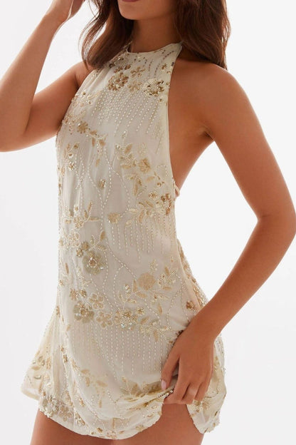 Backless Embroidered Halter Neck Mini Dress