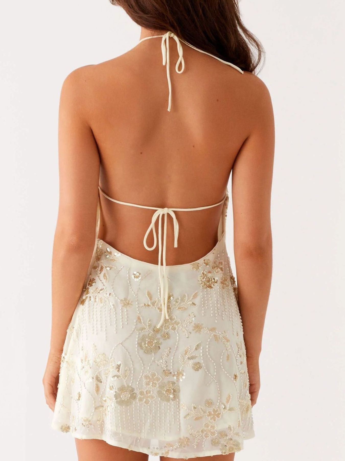 Backless Embroidered Halter Neck Mini Dress