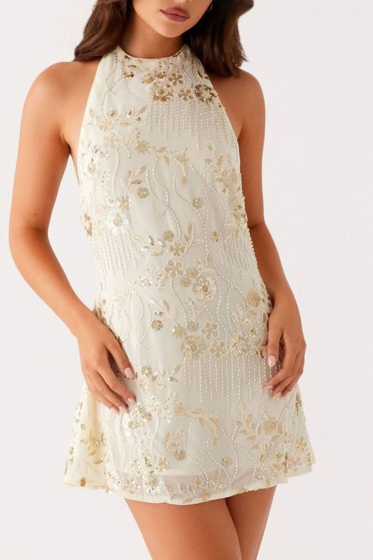 Backless Embroidered Halter Neck Mini Dress