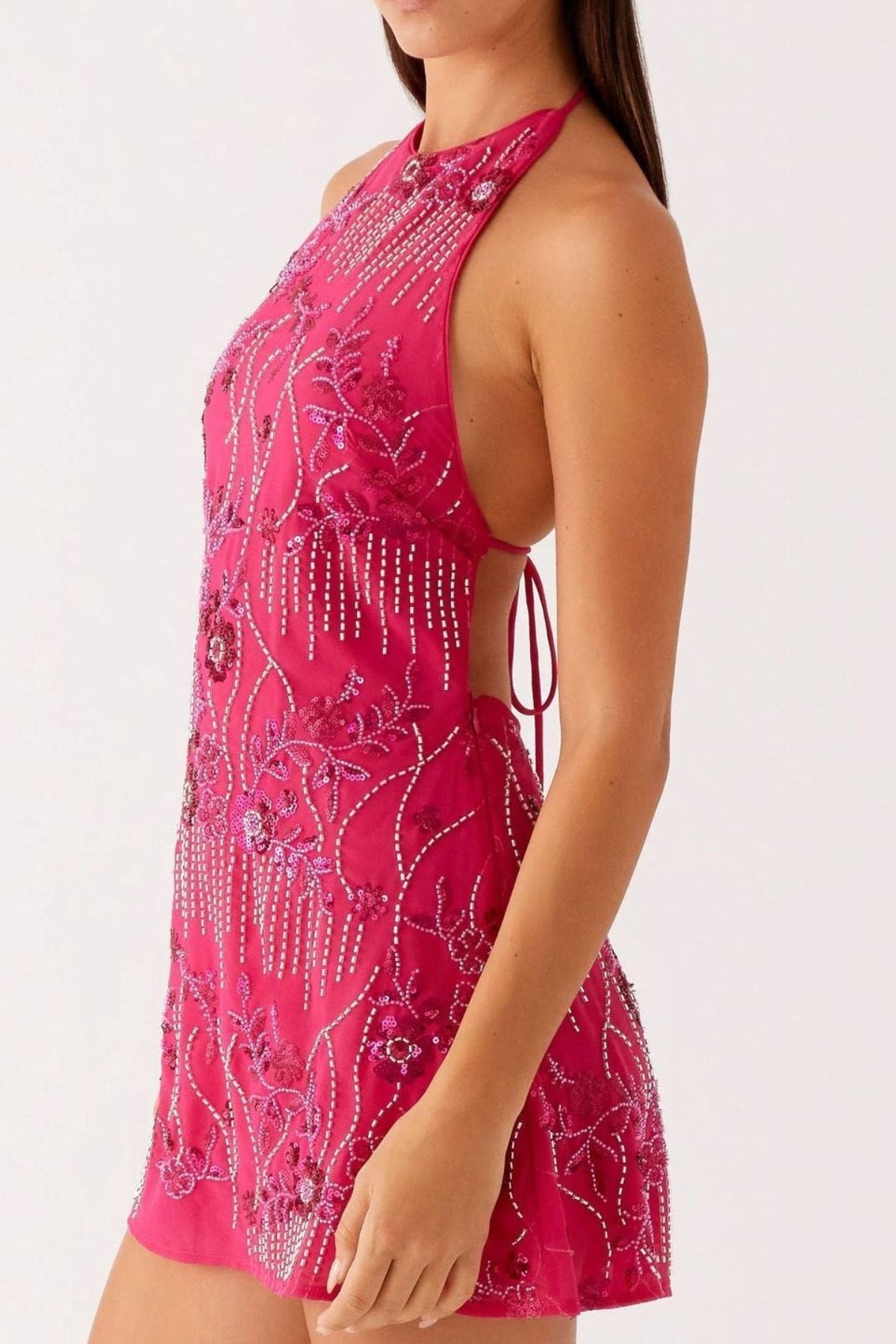 Backless Embroidered Halter Neck Mini Dress