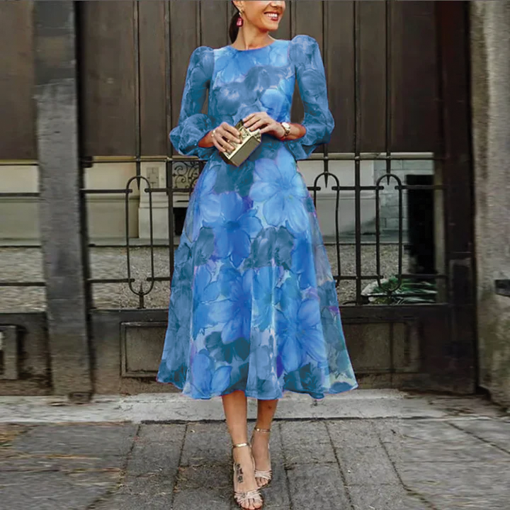Rosalie | Women's Floral Chiffon Midi Dress Long Sleeve Wedding Guest