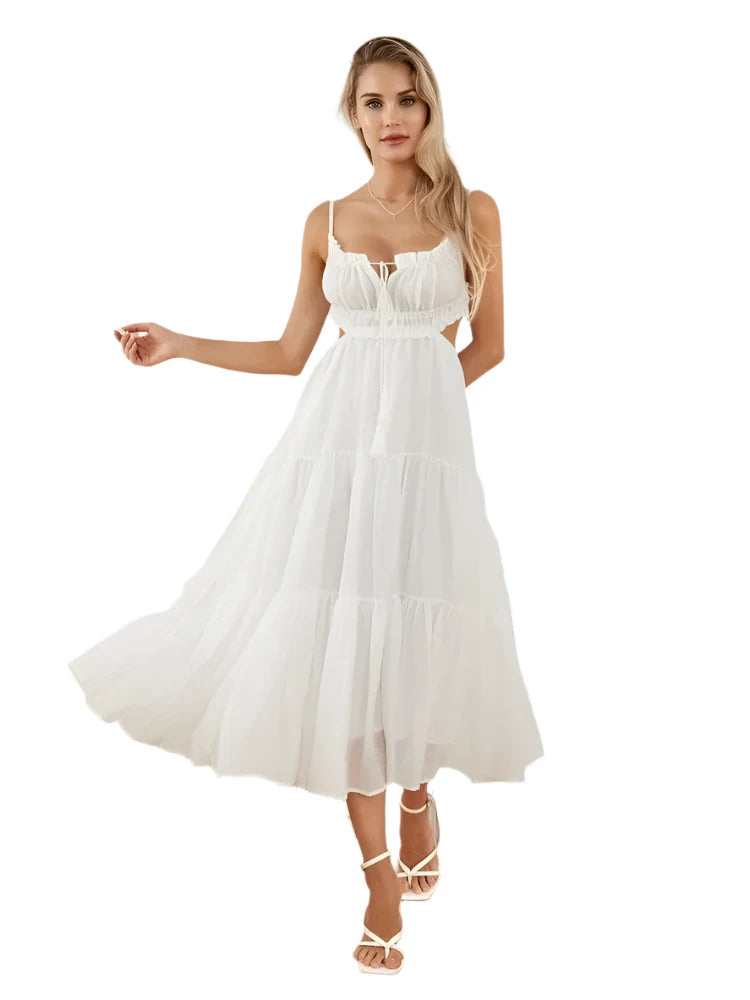 Women Summer Flowy Long Dress | Spaghetti Strap Backless Ruffled A-line Dress | Bohemian Holiday Sundress White