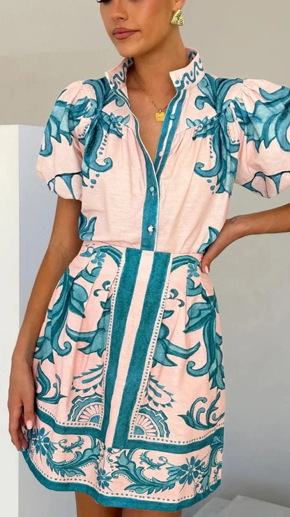 Isla | Women's Floral Print Puff Sleeve Mini Shirt Dress
