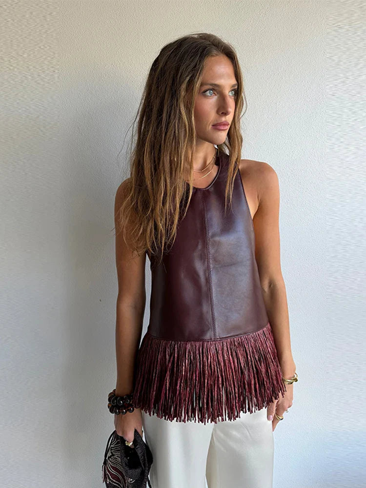 Women Vintage Leather Tassel Vest | Sleeveless | Backless | Halter Top