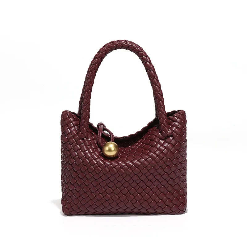 Women Leather Woven Small Crescent Crossbody Bag wine red