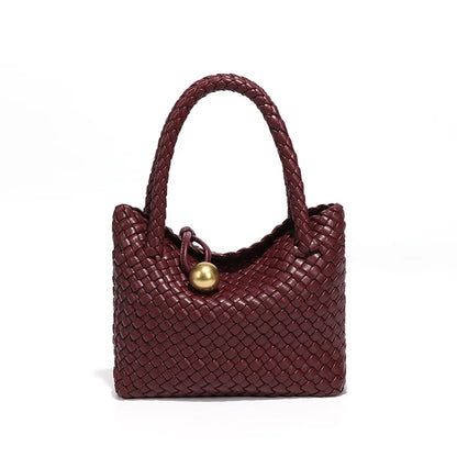 Women Leather Woven Small Crescent Crossbody Bag wine red