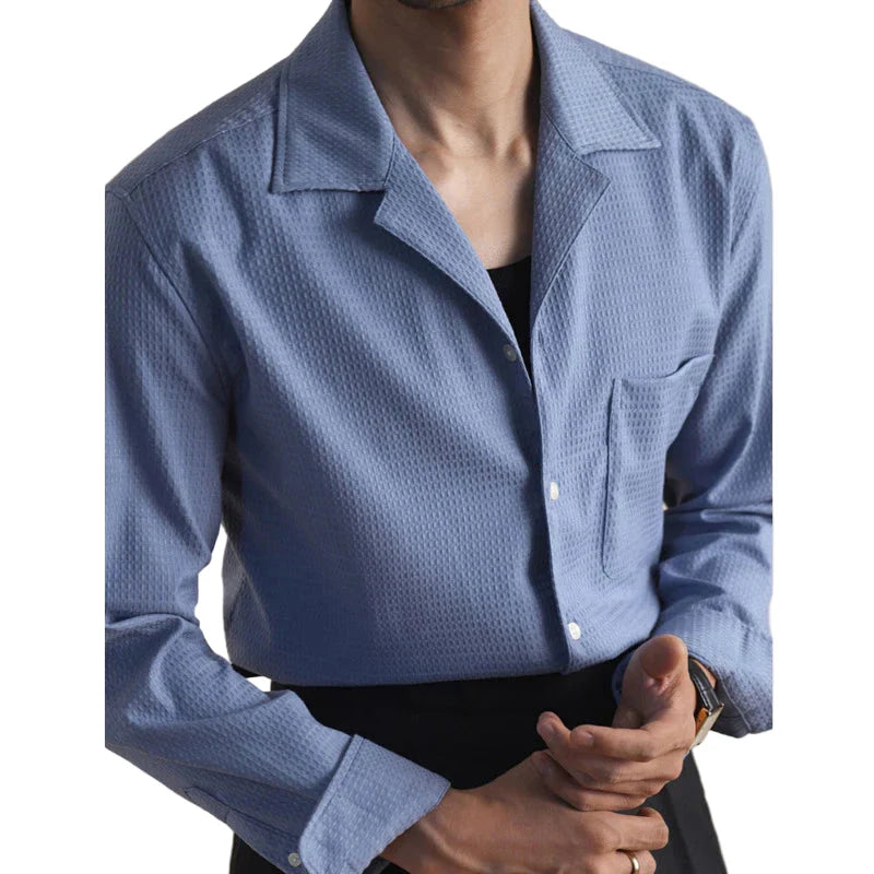 Men Cuban Collar Shirt | Long Sleeve | Casual Business Dress Shirt Blue