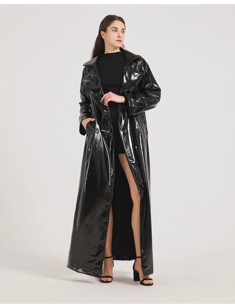 Women Black Shiny Leather Trench Coat | Luxury Designer | Floor Length | Glossy Leather Coat | Reflective | Soft Patent