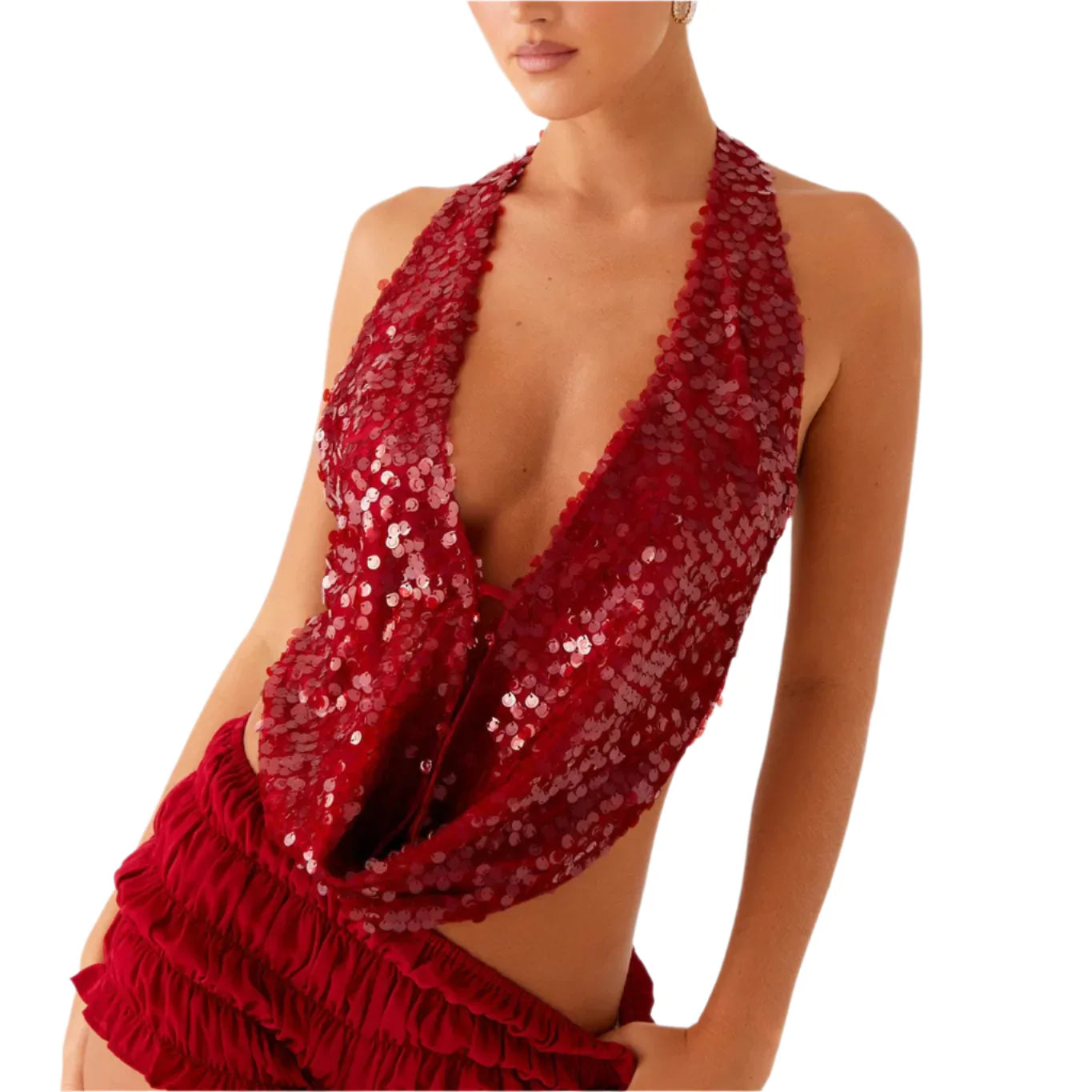 Women Sequin Halter Top | Sleeveless Deep V Neck | Backless Glitter Tank Top Red