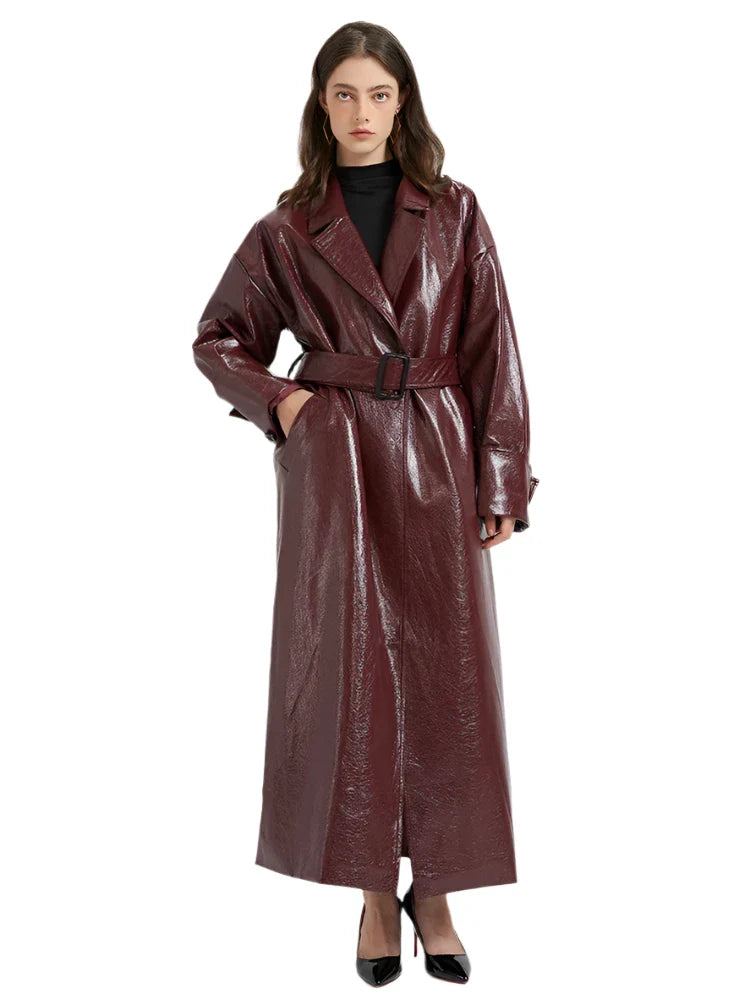 Women Leather Trench Coat With Belt | Extra Long Cherry Red Leather Coat