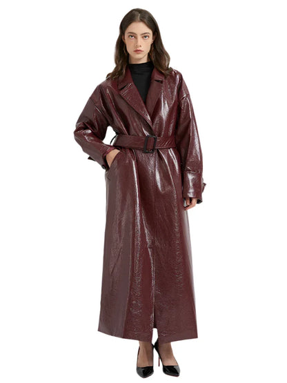 Women Leather Trench Coat With Belt | Extra Long Cherry Red Leather Coat