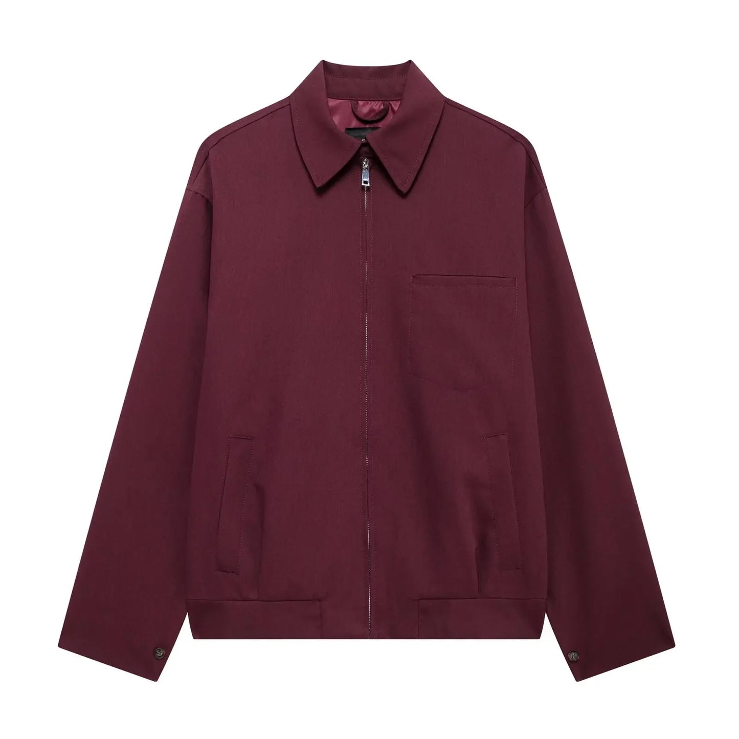 Women Vintage Loose Burgundy Zipper Jacket Burgundy